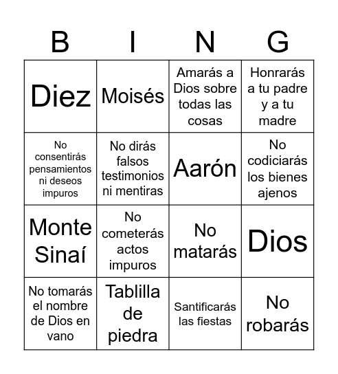 10 mandamientos Bingo Card