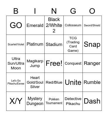 Pokemon Games Bingo Card
