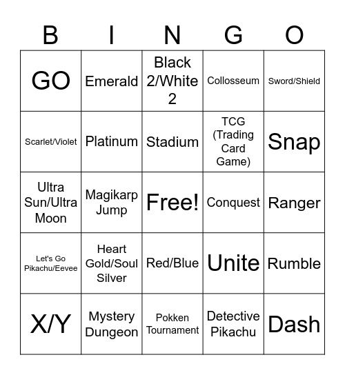 Pokemon Games Bingo Card