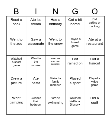 4/5S School Holidays Bingo Card