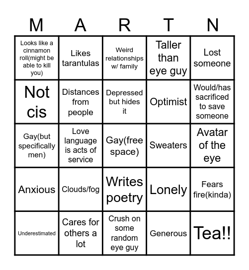 Marting id g. Ev a re you him? Bingo Card