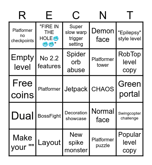 Geometry Dash 2.2 Recent Tab Bingo by Fr1man Bingo Card