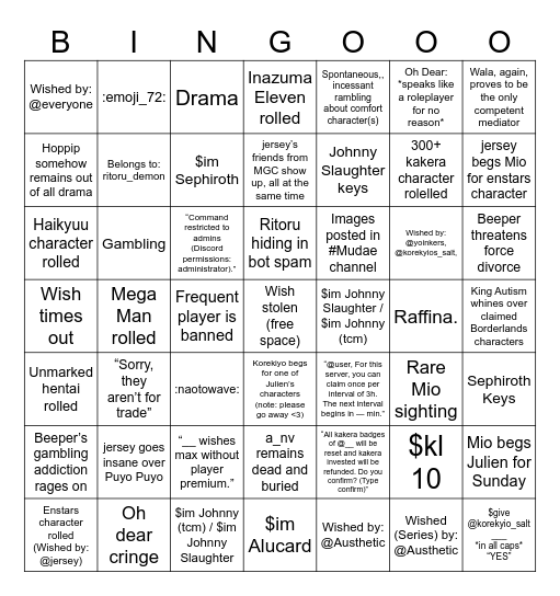 r/GachaClub’s Discord Server Mudae Bingo Card