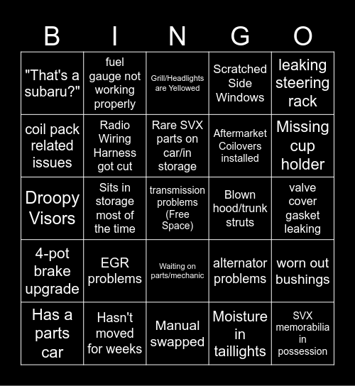 SVX Owner Bingo Card