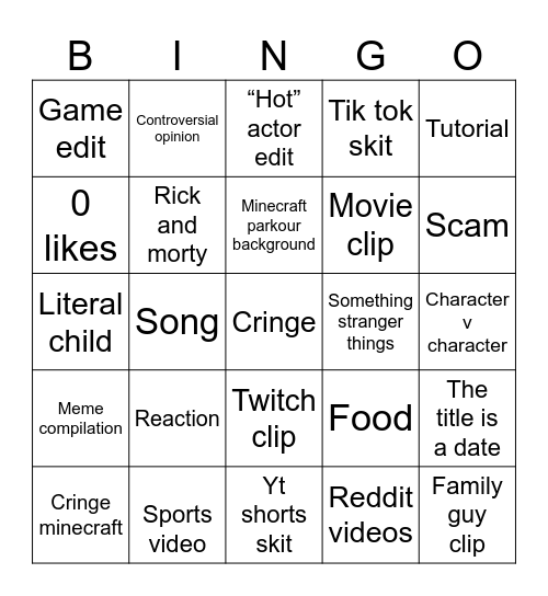 YouTube shorts Bingo Card