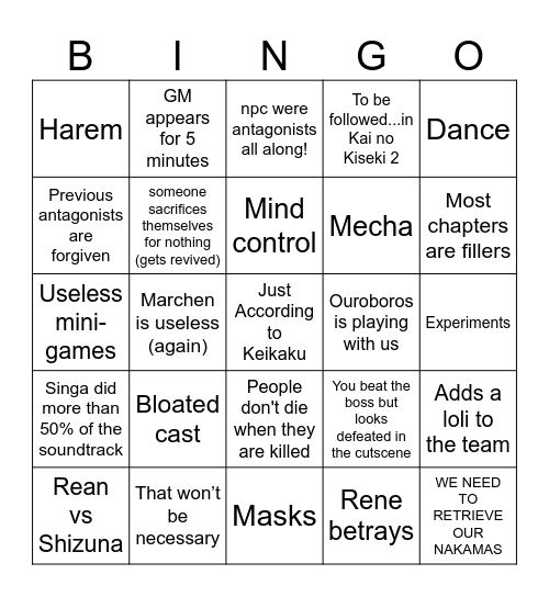 Kai no Kiseki Bingo Card