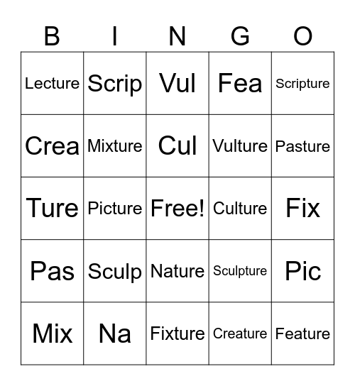 Ture words Bingo Card