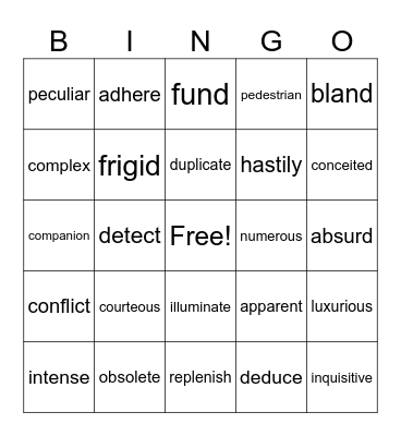 Vocabulary Unit 1 Bingo Card