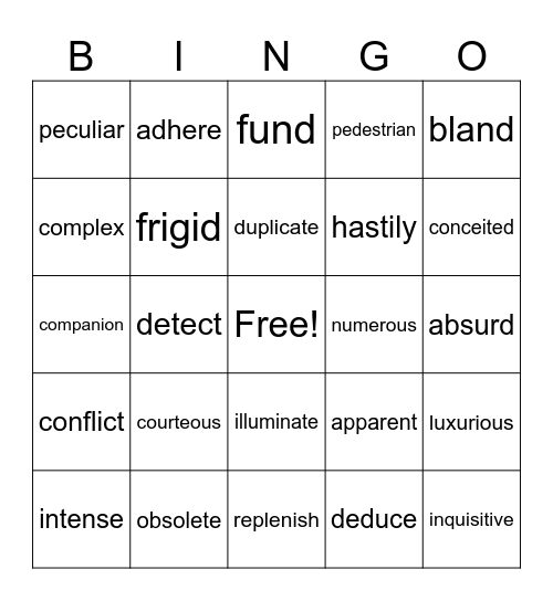 Vocabulary Unit 1 Bingo Card