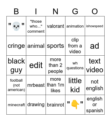youtube shorts bingo Card