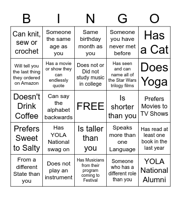 YOLA National: Get to Know You BINGO Card