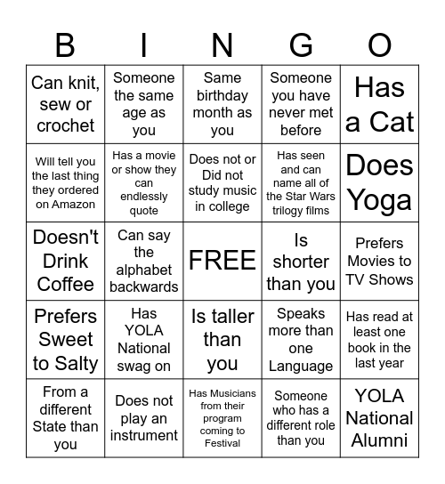 YOLA National: Get to Know You BINGO Card