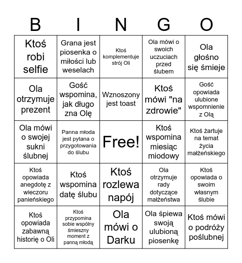 Wieczór panieńśki Oli Bingo Card