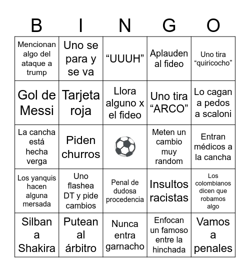 Argentina Colombia Bingo Card