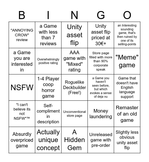 Steam Discovery Queue Bingo Card