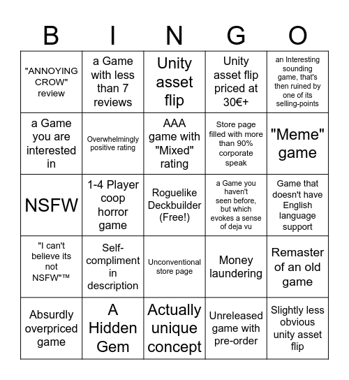 Steam Discovery Queue Bingo Card