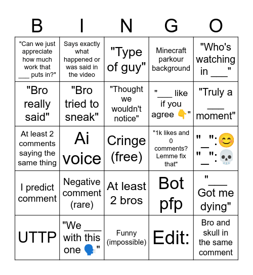 YT Shorts comments Bingo Card