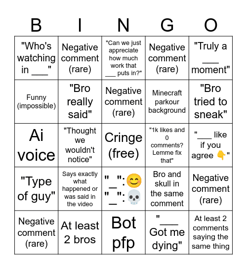 YT Shorts comments Bingo Card