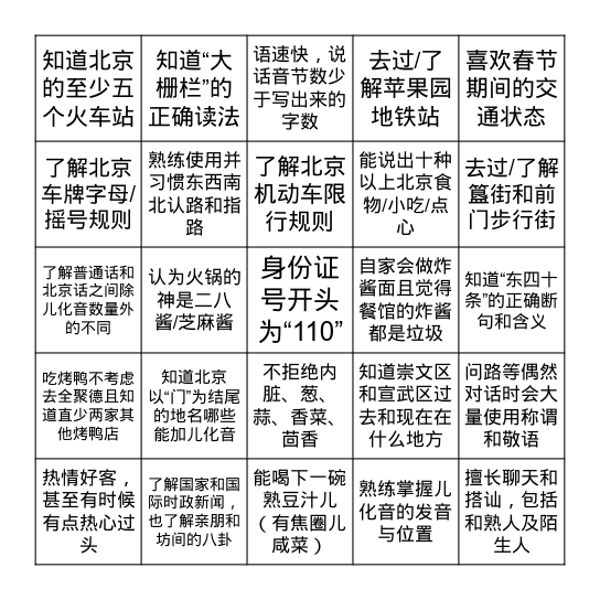 北京人宾果游戏 Bingo Card