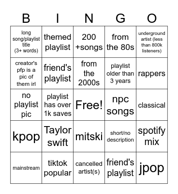 SPOTIFY BINGO! Bingo Card