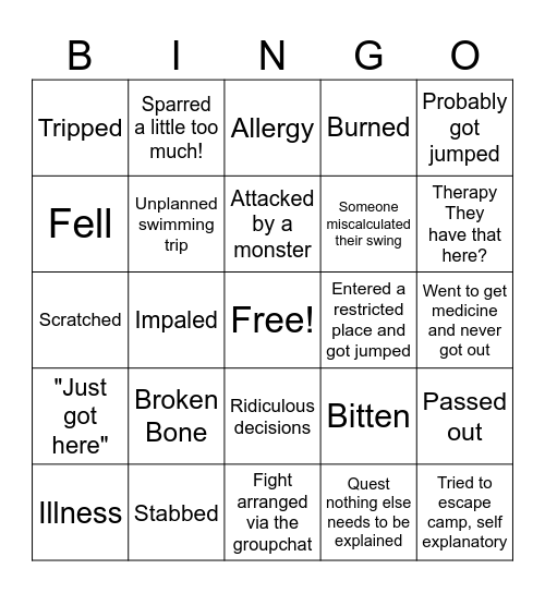 Infirmary injury list Bingo Card