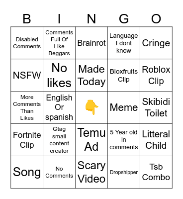 Youtube shorts Bingo Card