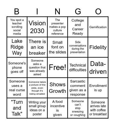 Back to School Bingo Lake Ridge High Bingo Card