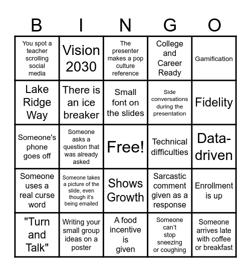 Back to School Bingo Lake Ridge High Bingo Card