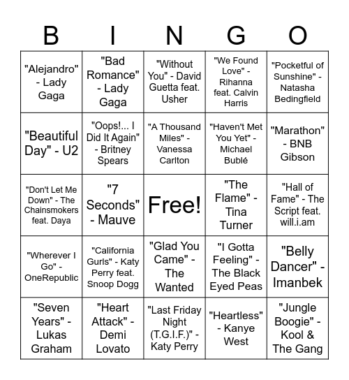 Music Bingo Round #1 Bingo Card