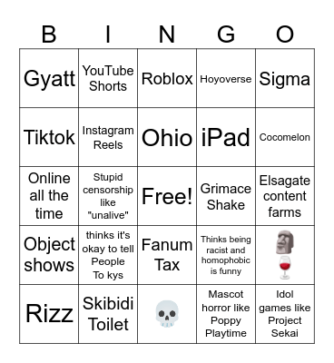 Gen Alpha Bingo Card