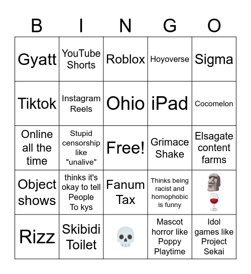 Gen Alpha Bingo Card