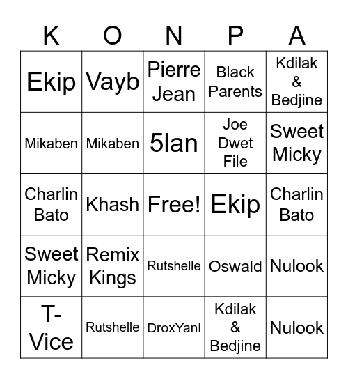 Konpa Bingo Card