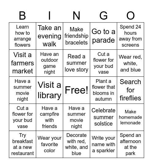 Summer Bingo Card