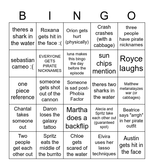 "Pirates of the Cabbage'an" Bingo Card