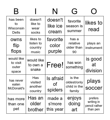 Getting to Know You Bingo Card