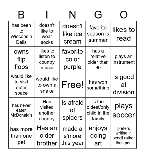 Getting to Know You Bingo Card