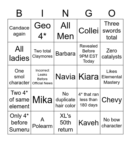 4* banner list Bingo Card