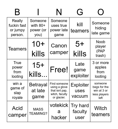 Slap royale bingo Card