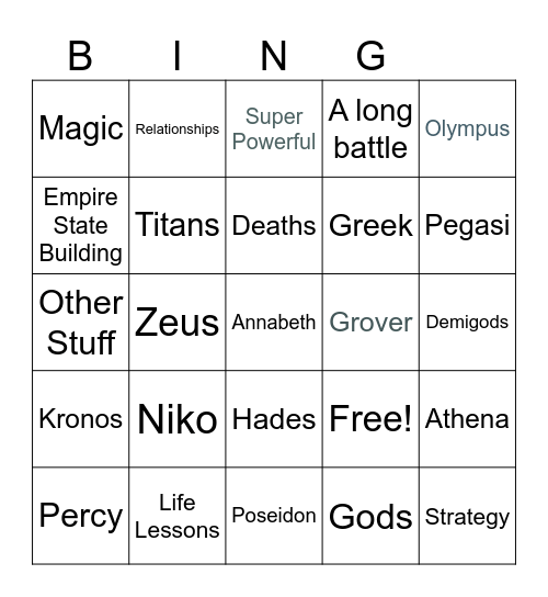 Percy Jackson Bingo Card