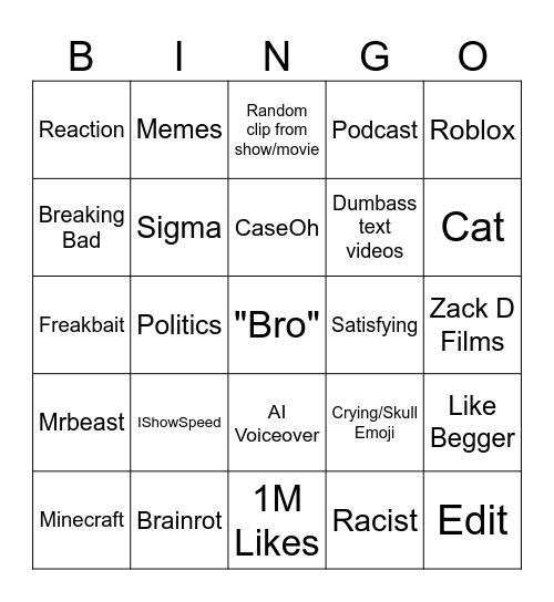 Youtube Shorts Bingo Card