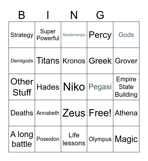 Percy Jackson Bingo Card