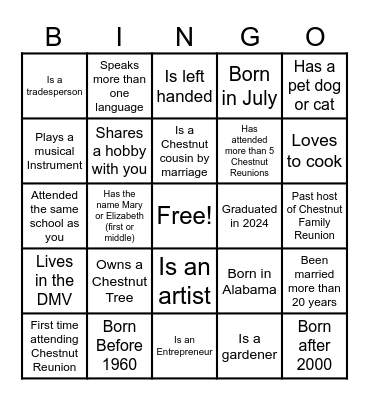 Chestnut Bingo Card