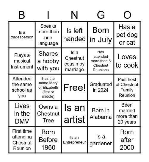 Chestnut Bingo Card