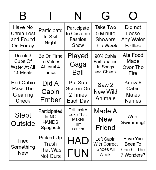Week 5 Cabin Bingo Card