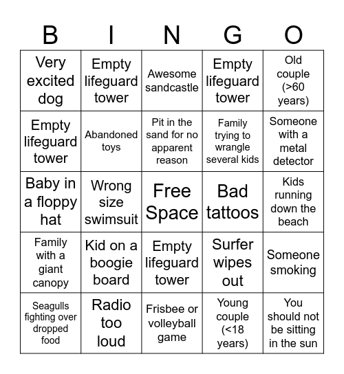 Beach Bingo Card