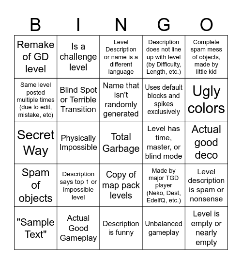 TGD Recent Tab Bingo Card