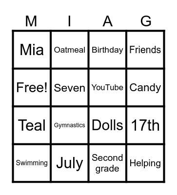 Mia’s Birthday BINGO Card