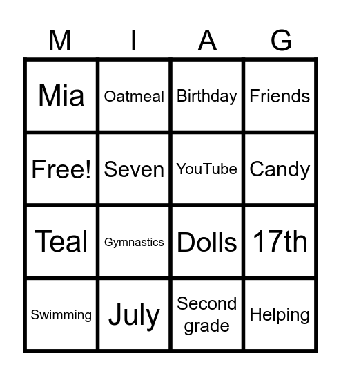 Mia’s Birthday BINGO Card