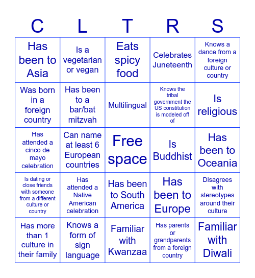 American Cultures 5 Bingo Card