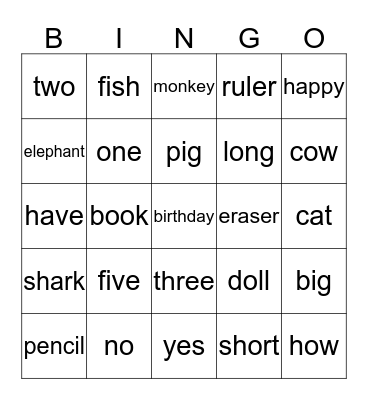 Lesson 4~7 Bingo Card